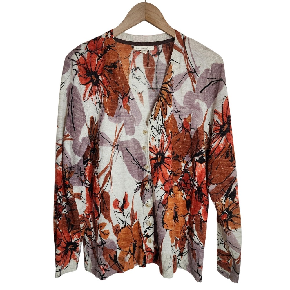 Coldwater Creek Cardigan Womens Large Orange Floral Print V-Neck Button Up Knit - Picture 1 of 5